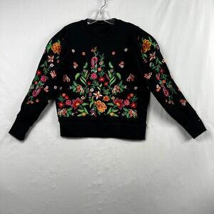Zara Woman Floral Embroidered Crewneck Sweatshirt Small Black  Boho Top
